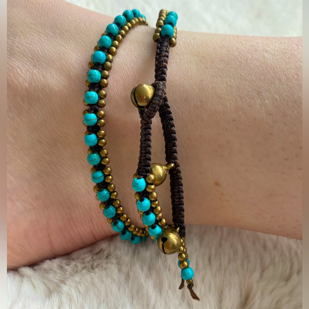 Turquoise and gold adjustable wrap around anklet